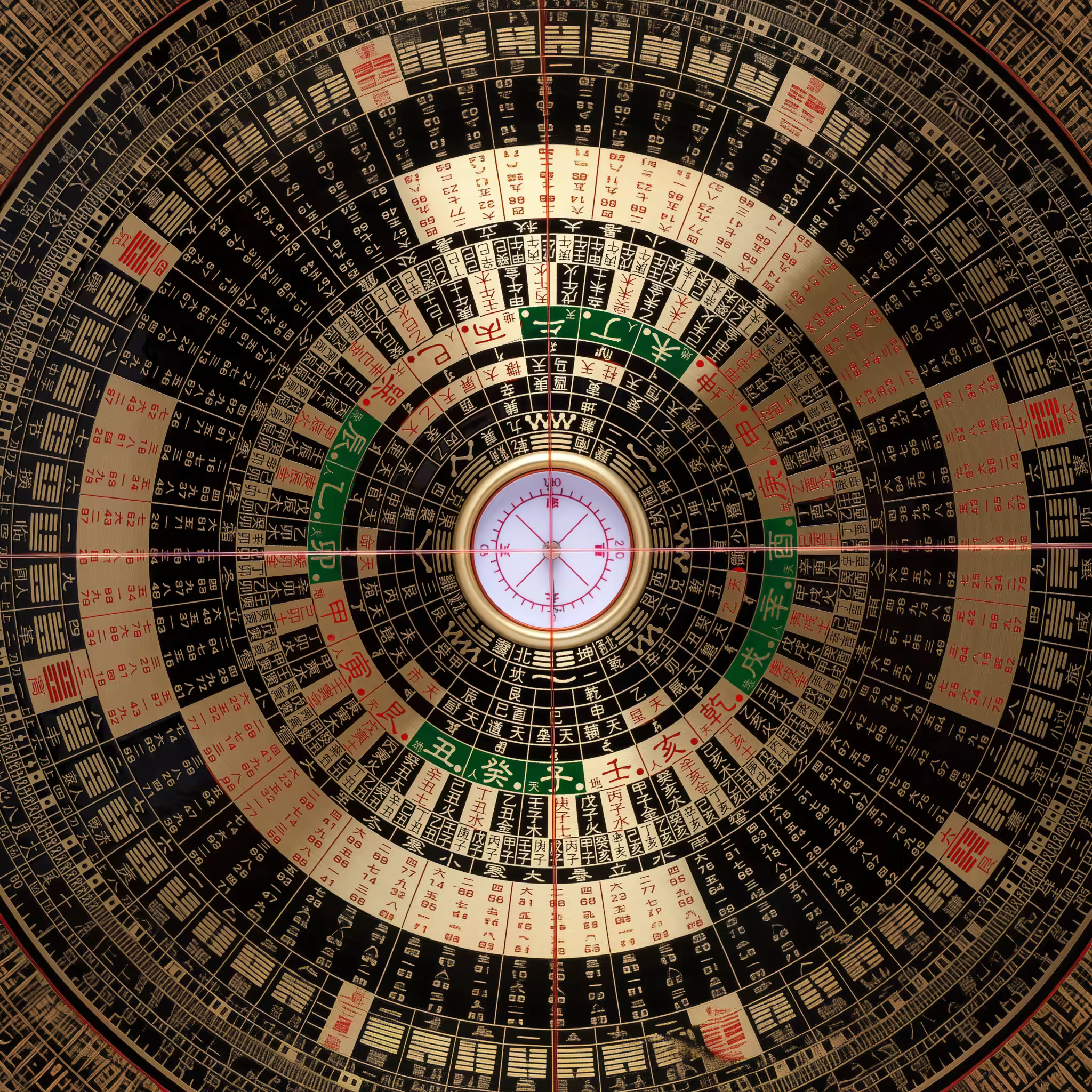 Close-up top view of a traditional circular Chinese feng shui compass with concentric rings marked by Chinese characters, symbols, and numbers, a white center with directional markings, and four crossing lines over the face.