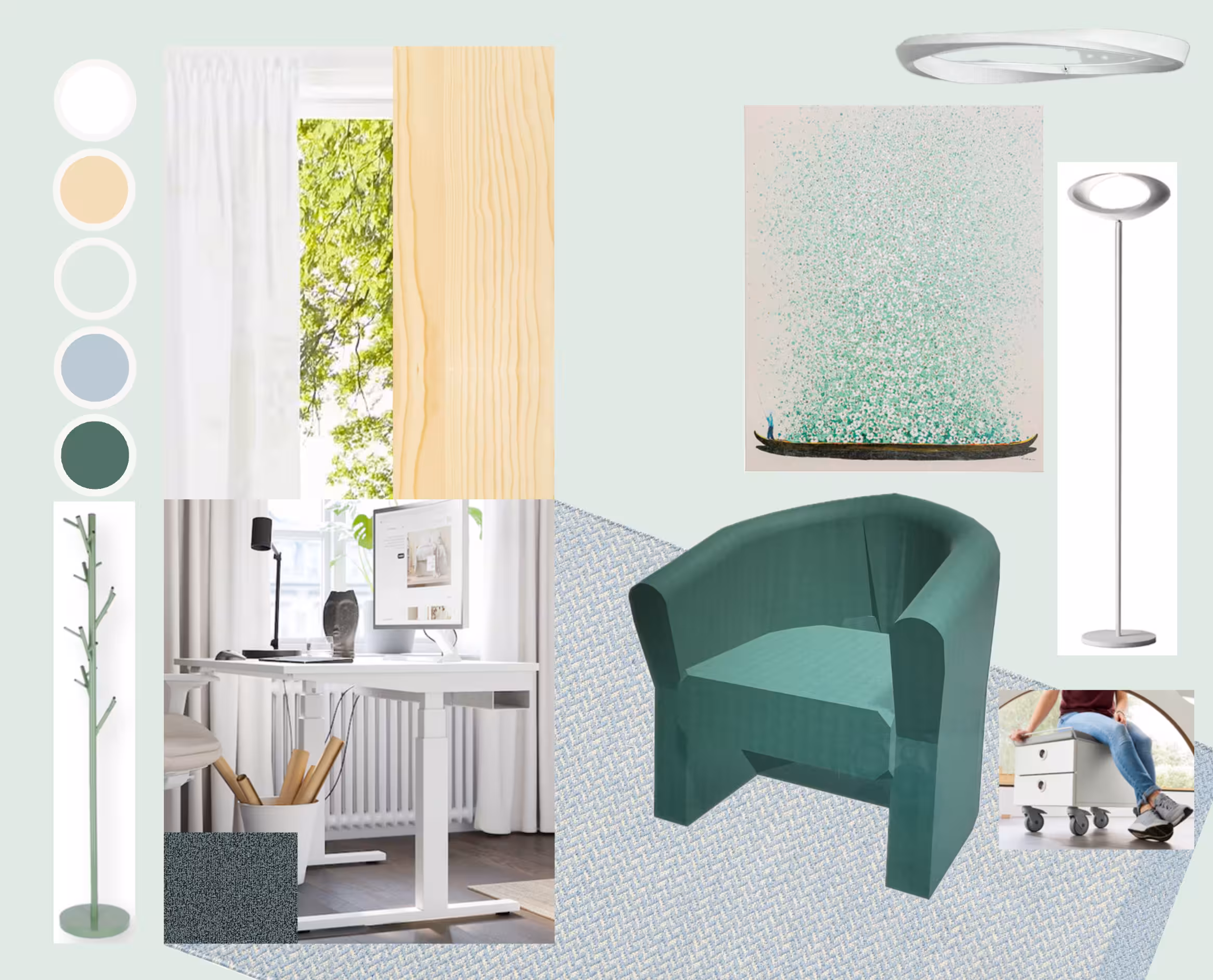 Interior design mood board featuring a green upholstered armchair on a textured rug, modern standing lamp, white desk setup with computer and stationery, wooden panel sample, green coat rack resembling a tree, and color swatches in white, beige, grayish blue, and dark green.