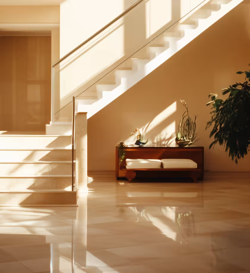 Sunlit modern interior with white stairs featuring glass railing, marble floor reflecting light, a wooden bench with cushions and decorative plants, and a large green leafy plant on the right.