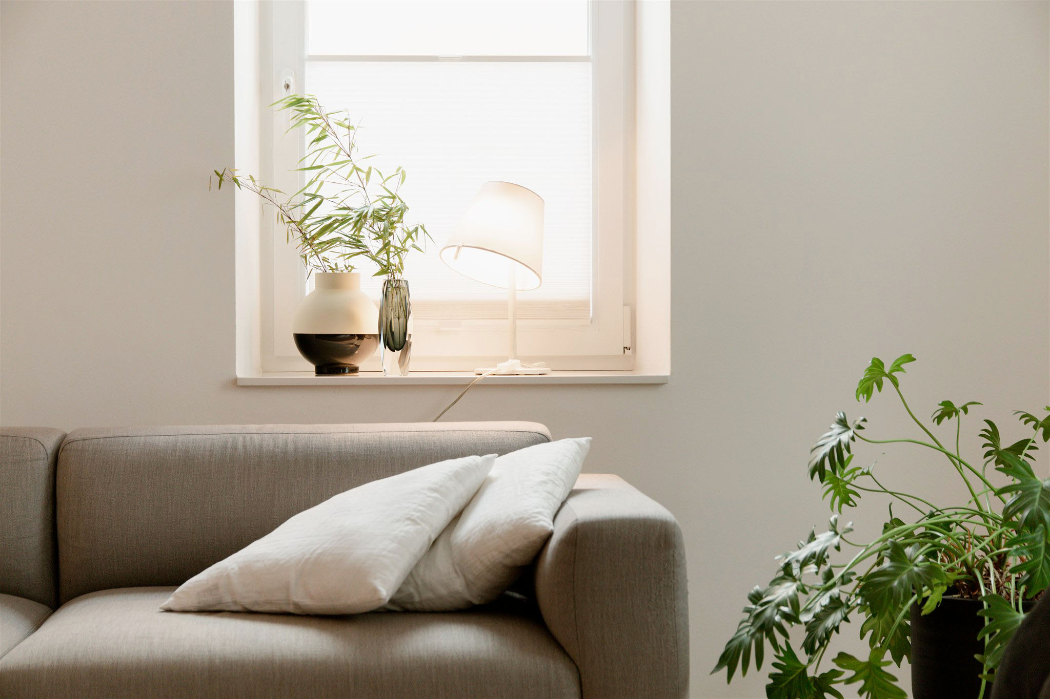 Minimalist living room corner with a light gray sofa, two white pillows, a window with a sheer blind, a table lamp, and two decorative vases with green plants on the window sill, and a leafy green potted plant on the right side.