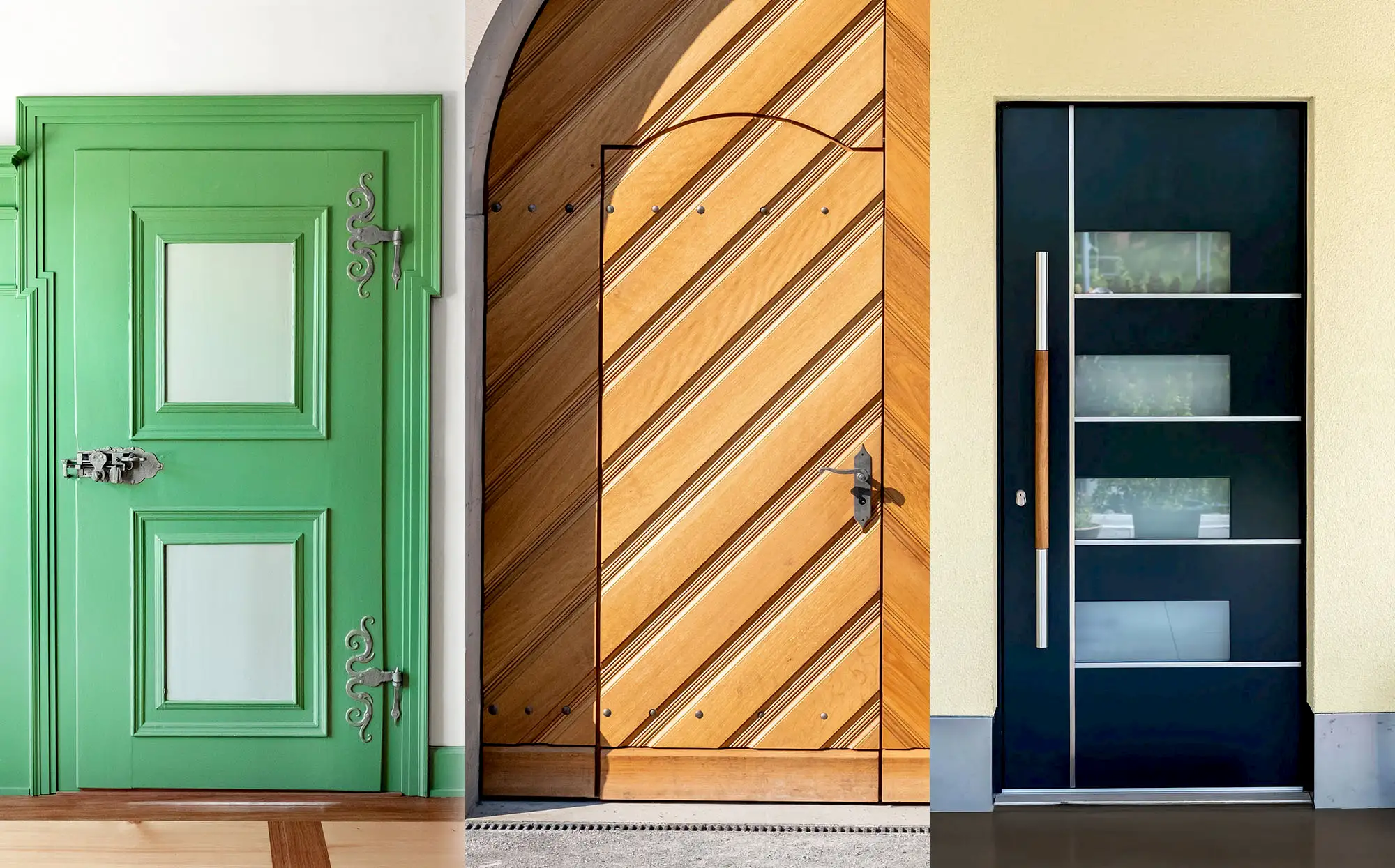 Hochwertige Türen aus Holz: historische Innentür, handwerklich gestaltetes Tor und moderne Haustür – individuelle Schreinerarbeiten mit Design und Sicherheit.