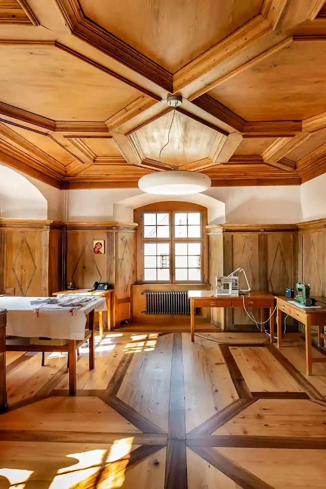Raum mit kunstvoller Holzdecke, Holzwänden, zwei Tischen und Fenstern mit Sonnenlicht.