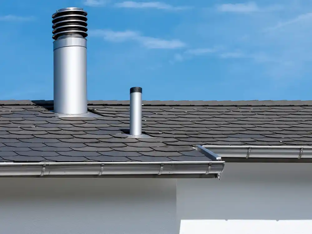 Modern house roof with dark tiles, two metallic chimneys, and a gutter under blue sky.