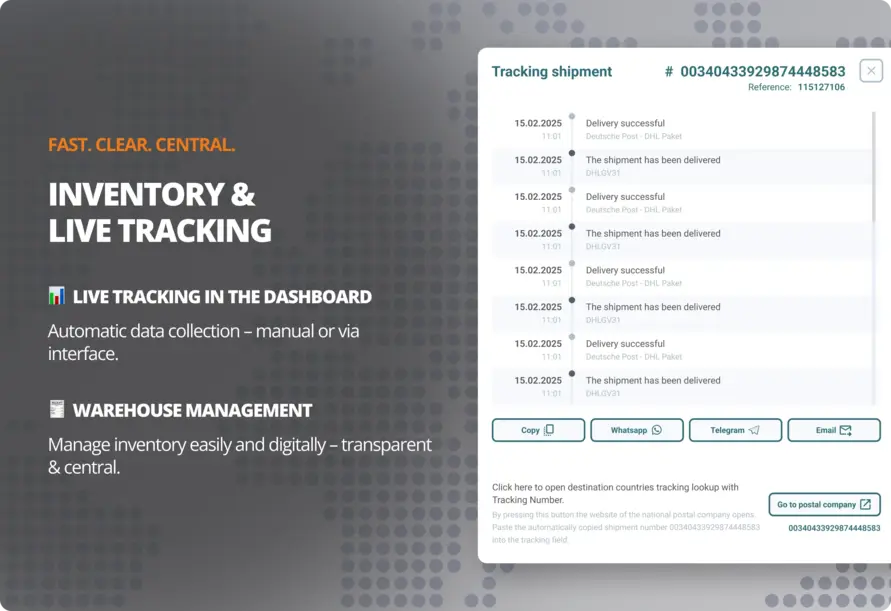 Live tracking document: warehouse management & shipment tracking in the dashboard for online retailers