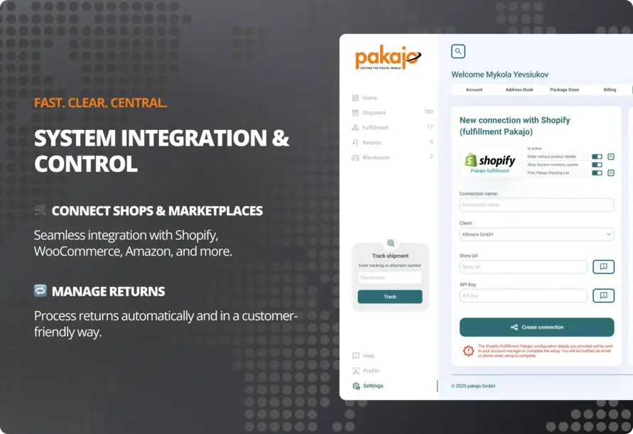 Easy integration of shop systems and marketplaces Shopify integration: system integration & control for online shops and marketplaces at pakajo