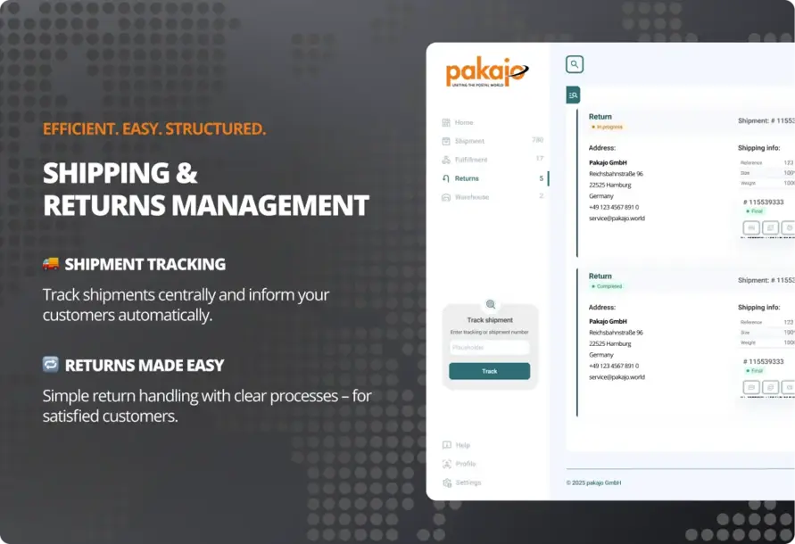 Retouren einfach und zentral steuern Software overview: Shipping & returns management including shipment tracking for online shops