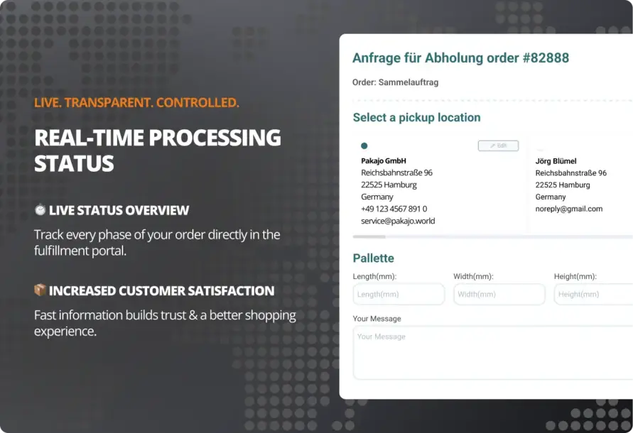 Status Deiner Aufträge live verfolgen Software view: Real-time processing status for pickup orders in pakajo's e-commerce fulfillment service