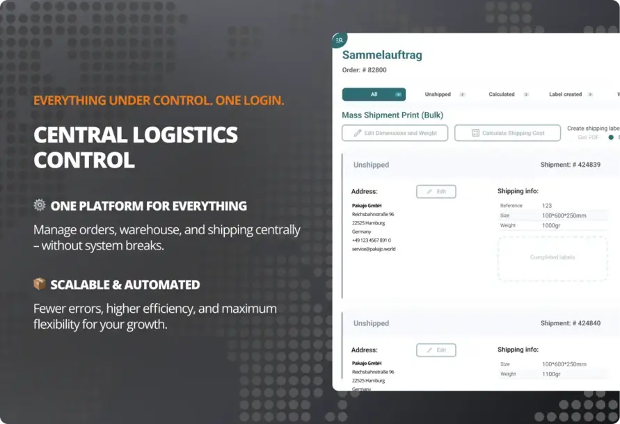 Eine Plattform für Deine gesamte Logistik Central logistics management: Collective orders on a platform in the pakajo e-commerce fulfillment service