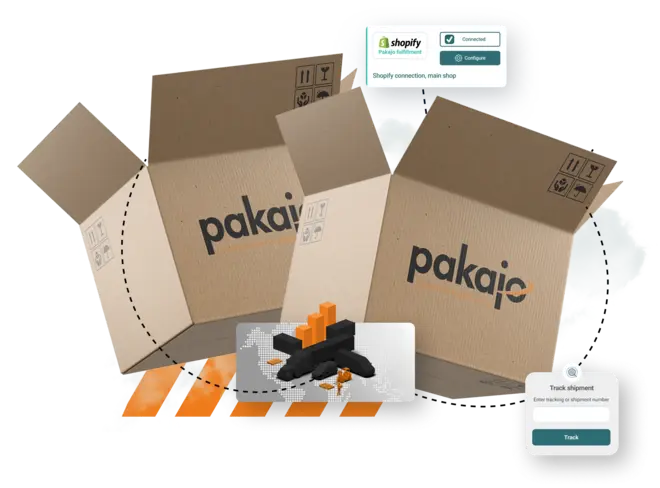 pakajo Pakete mit Shopify-Integration, Tracking-Feld und Transport-Icons für den E-Commerce Fulfillment Service