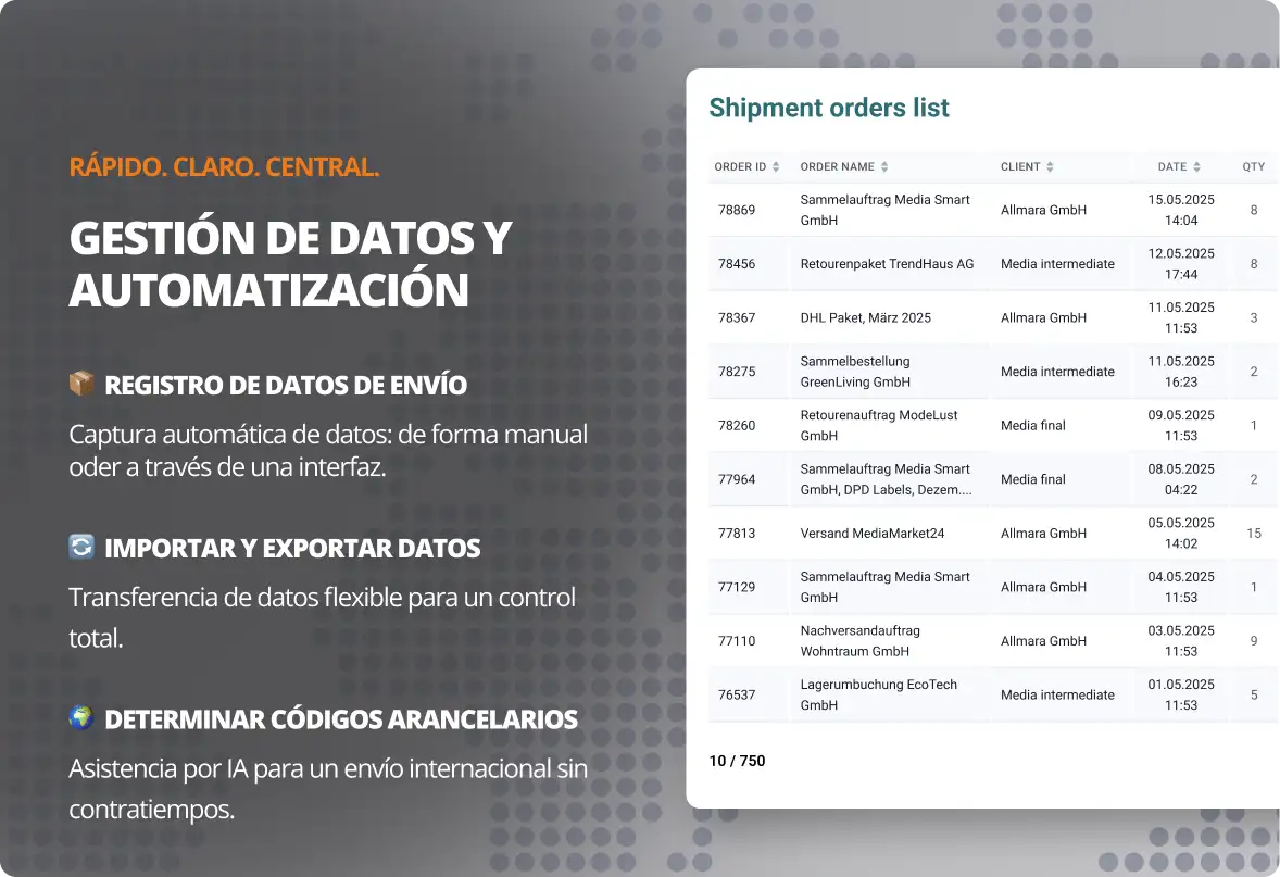 Gestión centralizada de datos y automatización Lista de pedidos de envío: gestión de datos y automatización en el portal de envíos para minoristas en línea