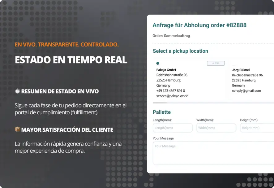 Vista del software: estado de procesamiento en tiempo real de los pedidos de recogida en el servicio logístico de comercio electrónico de pakajo