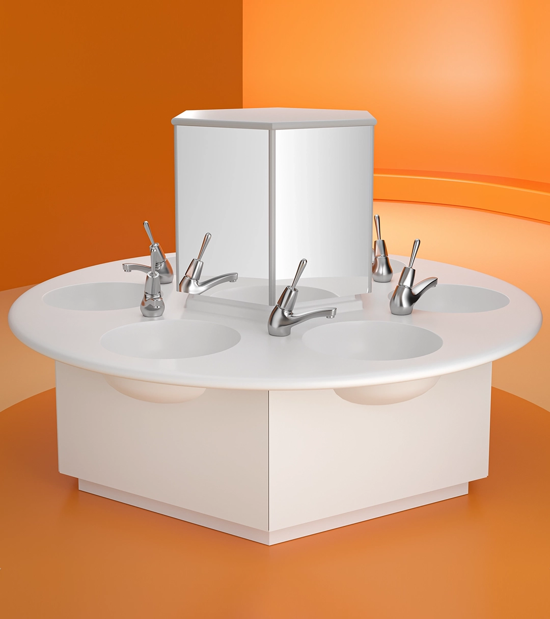 Hexagonal white sink unit with six silver faucets around a central mirrored column against an orange background.