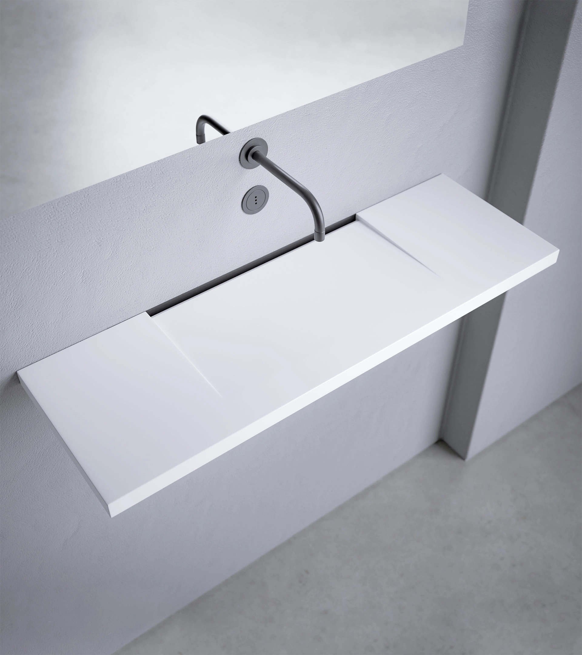 Minimalist white wall-mounted sink with integrated rectangular basin and matte black faucet.