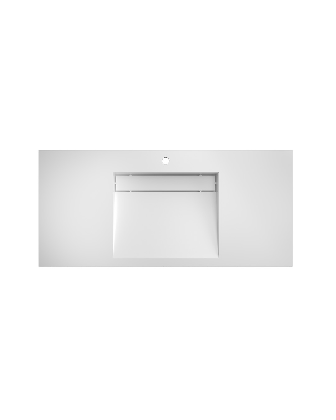 Minimalist white rectangular bathroom sink with a central faucet hole on a wide countertop.