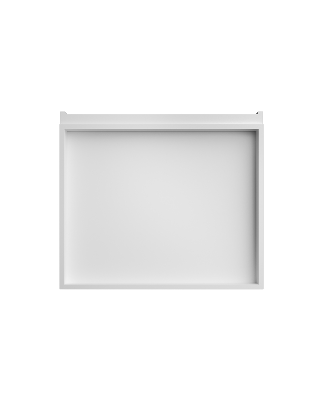 Empty white rectangular tray with a slightly raised edge and two small notches on the top side.