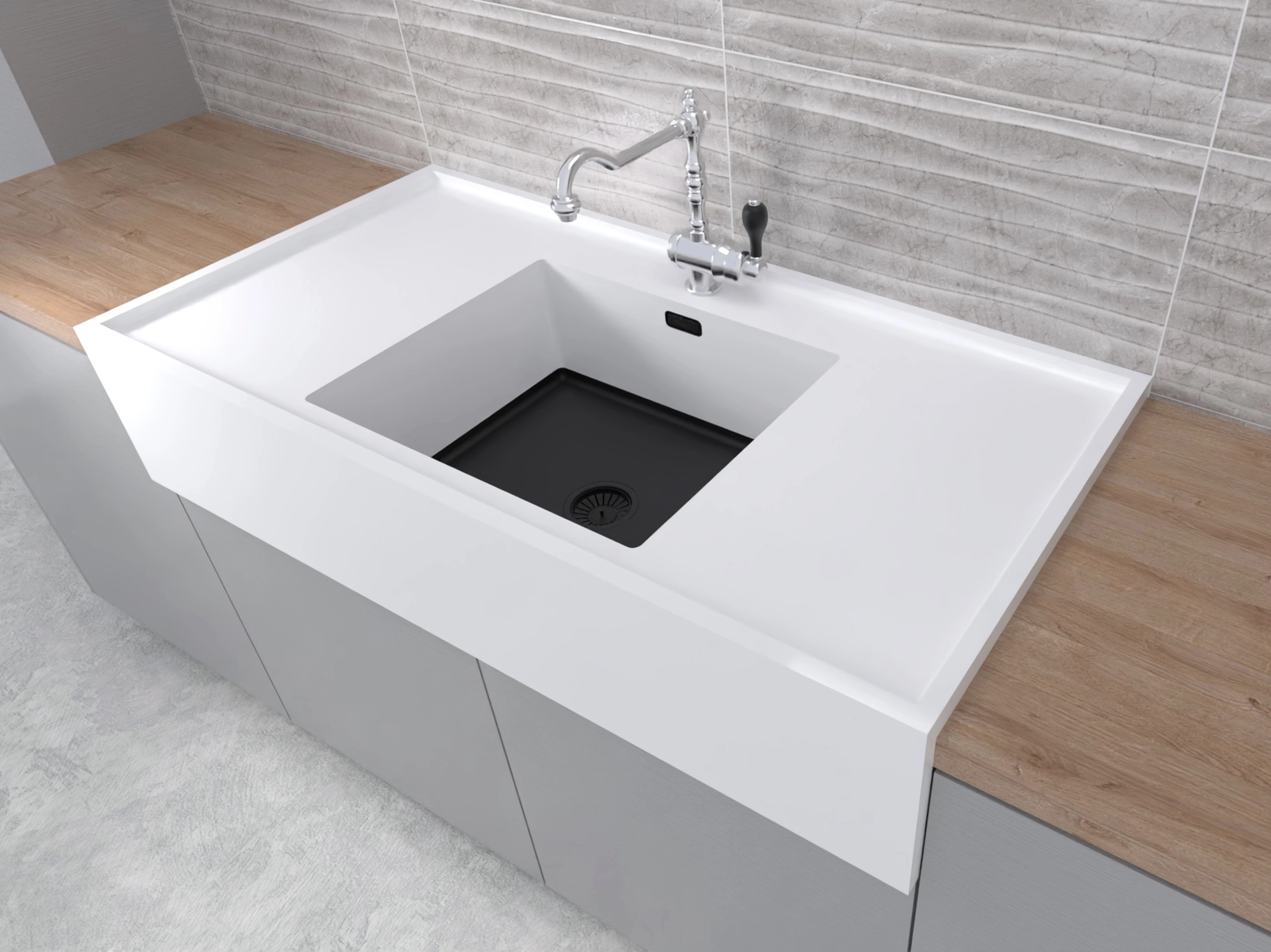 White farmhouse sink with black basin and silver vintage-style faucet, set in wood countertop with gray tiled backsplash.