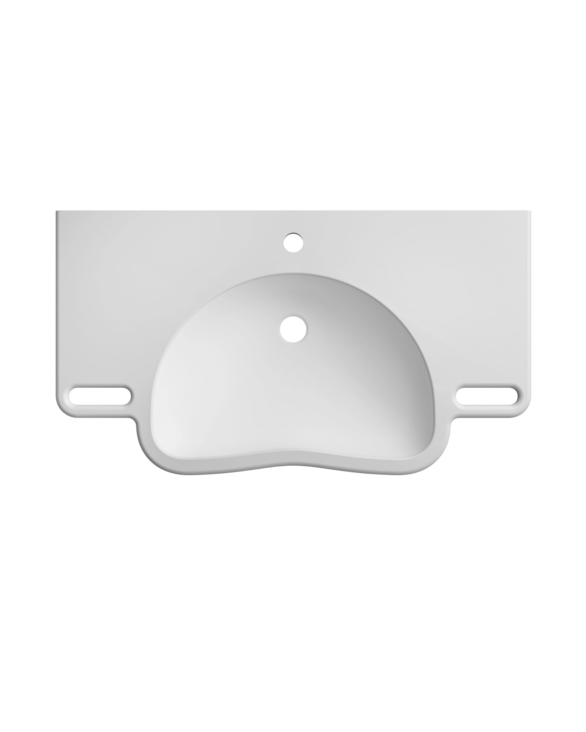 White wall-mounted bathroom sink with rounded bowl and two side cutouts for accessibility.