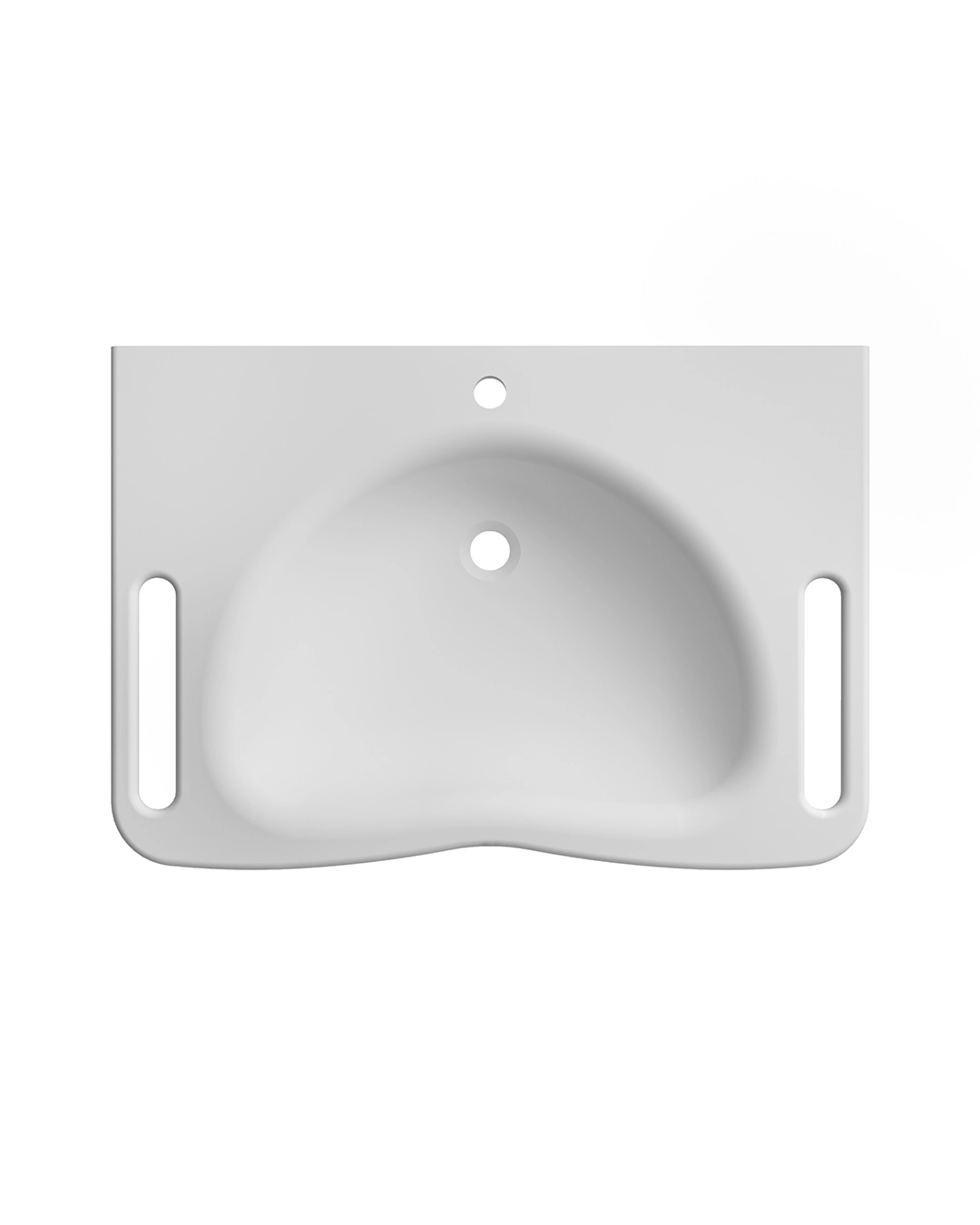 Top view of a rectangular white accessible bathroom sink with two elongated handgrips on the sides.