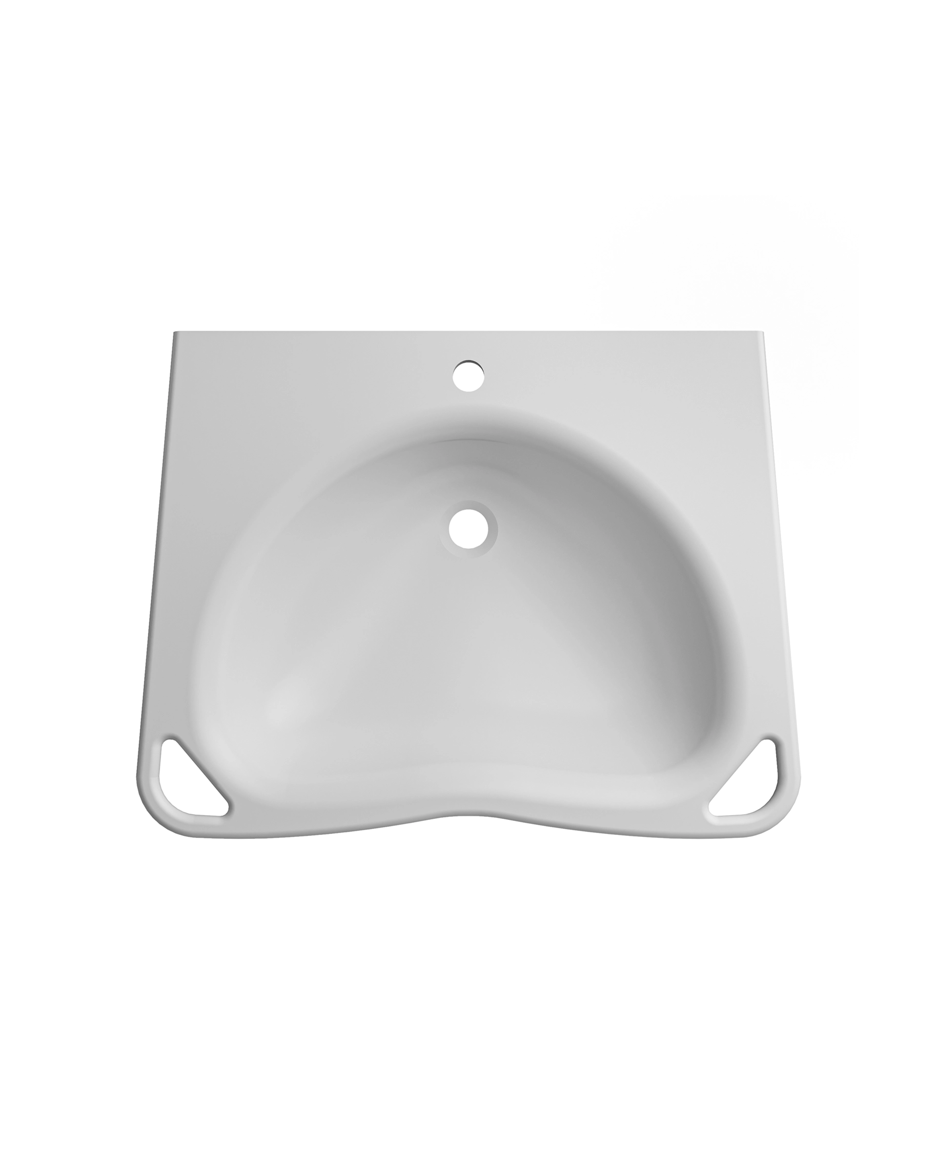 White rectangular bathroom sink with rounded basin and two triangular cut-outs on the front corners.