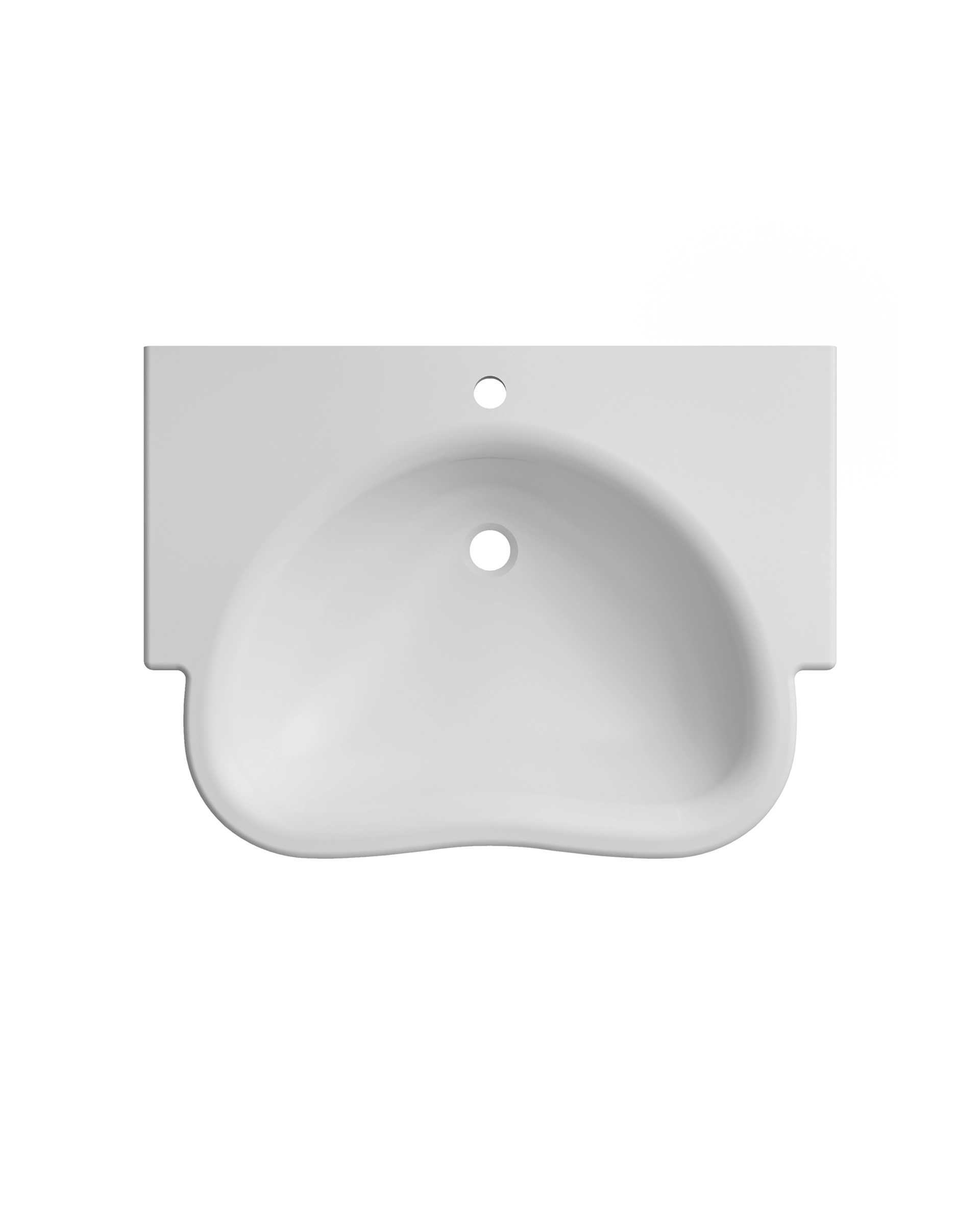 Top-down view of a white, wall-mounted bathroom sink with rounded basin and a single faucet hole.