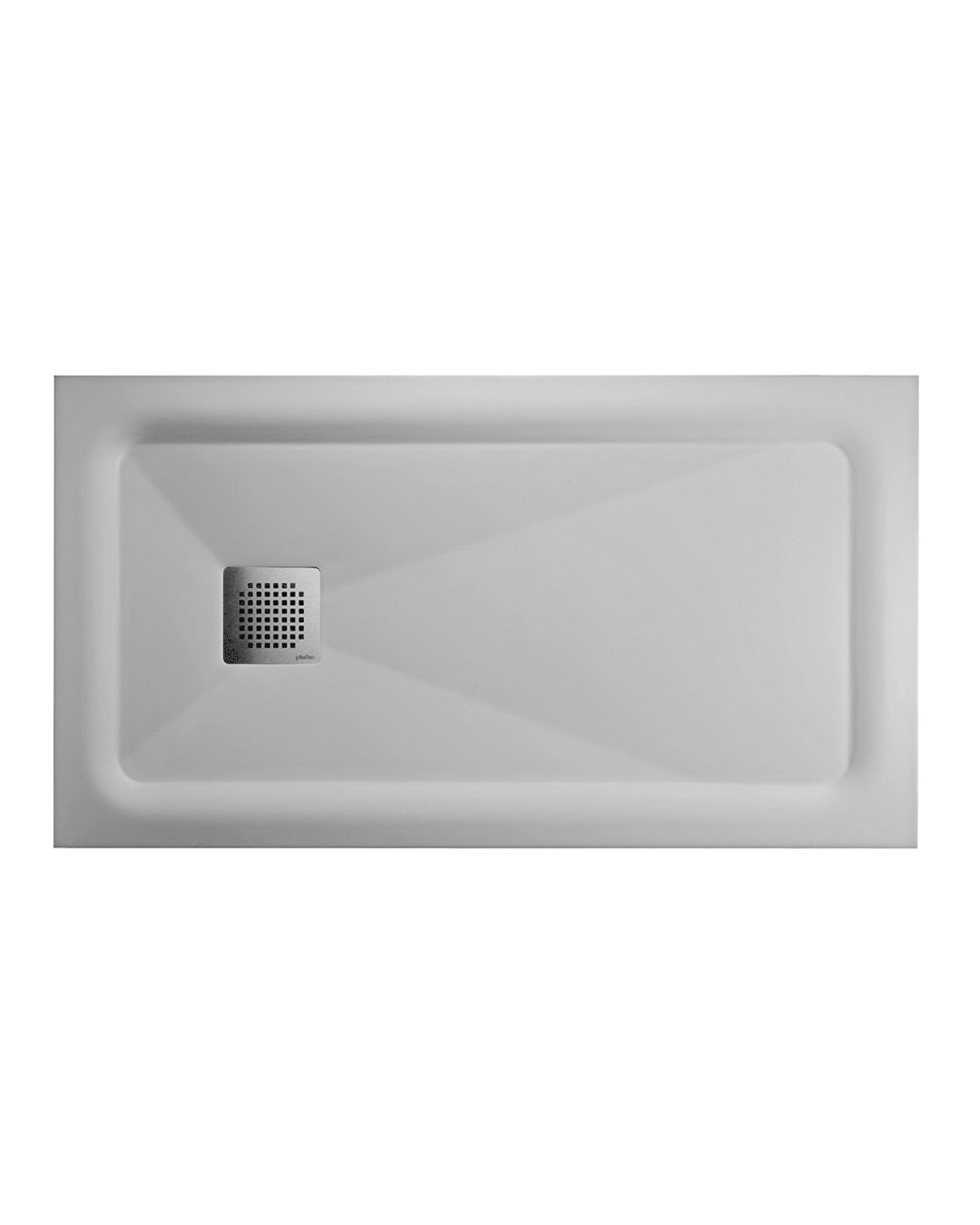 Rectangular white shower tray with a square metal drain cover in the corner.
