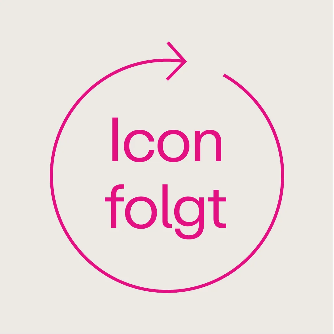 Magenta circular arrow icon with the text 'Icon folgt' inside on a light beige background.