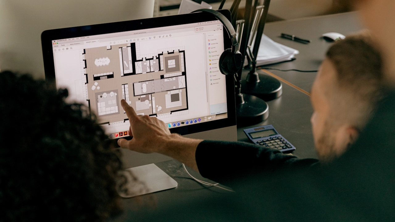 Two people reviewing a floor plan displayed on a desktop computer screen.