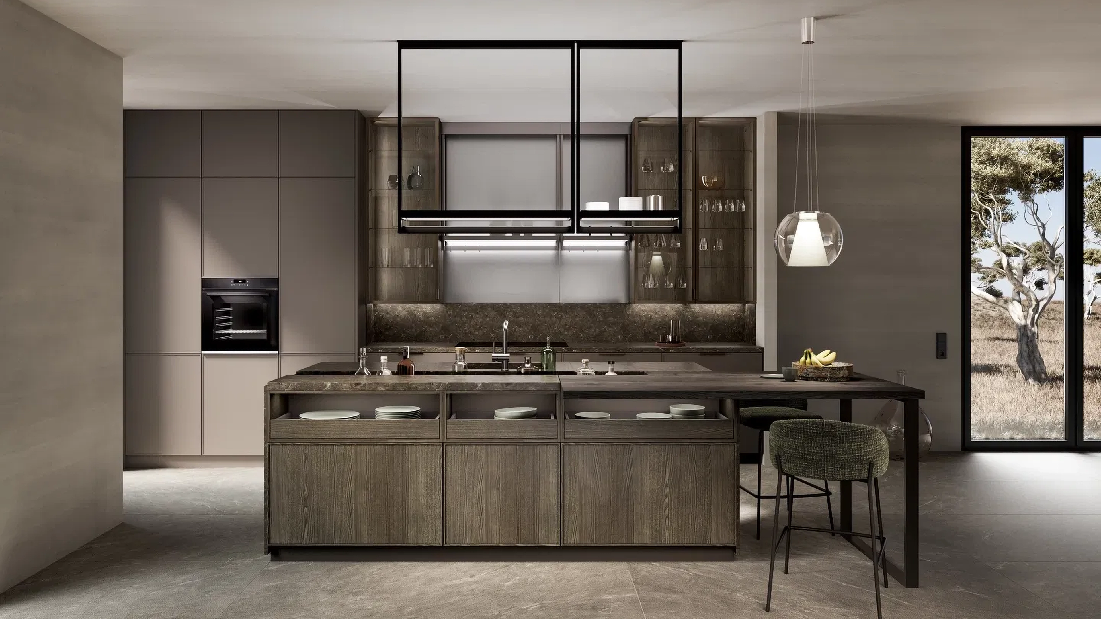 Modern kitchen with dark wood cabinetry, a central island with open shelves holding plates, pendant lighting, and a large window showing trees outside.