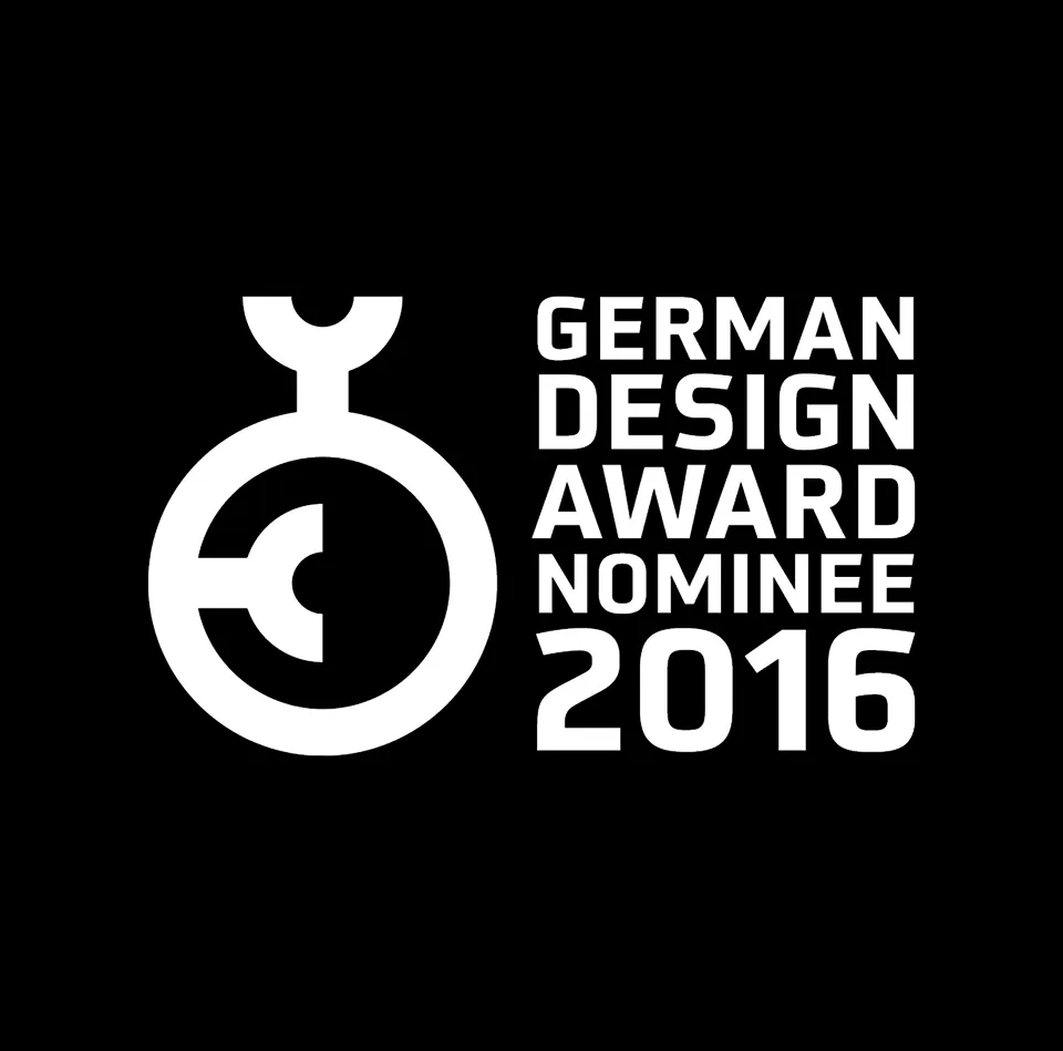 Logo of German Design Award Nominee 2016 on a black background.