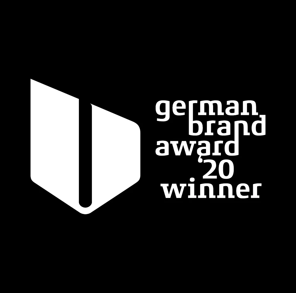 German Brand Award 20 winner logo in white on black background.
