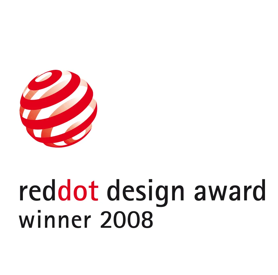 Red Dot Design Award 2008 winner logo with a red and white spherical design.