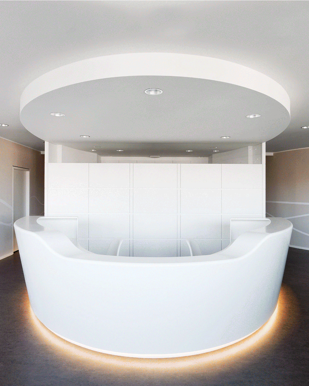 Modern white curved reception desk with warm underlighting under a circular ceiling installation with recessed lights.