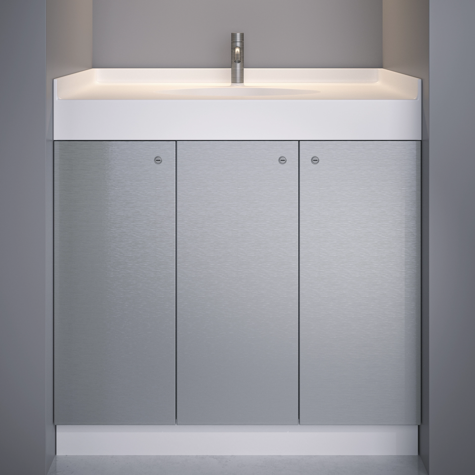 Modern stainless steel cabinet with white countertop and single cylindrical faucet in a minimalist setting.