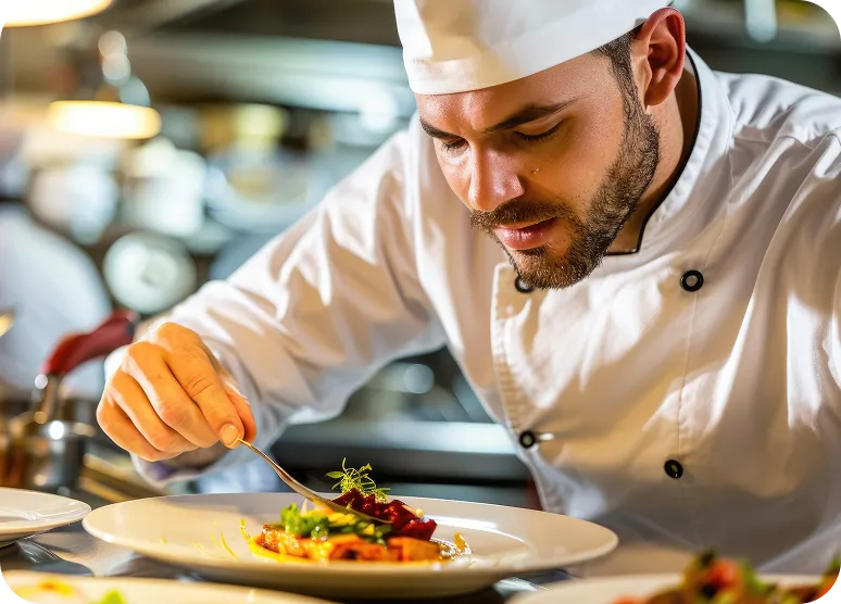 Chef in white uniform carefully garnishing a plated dish in a professional kitchen.