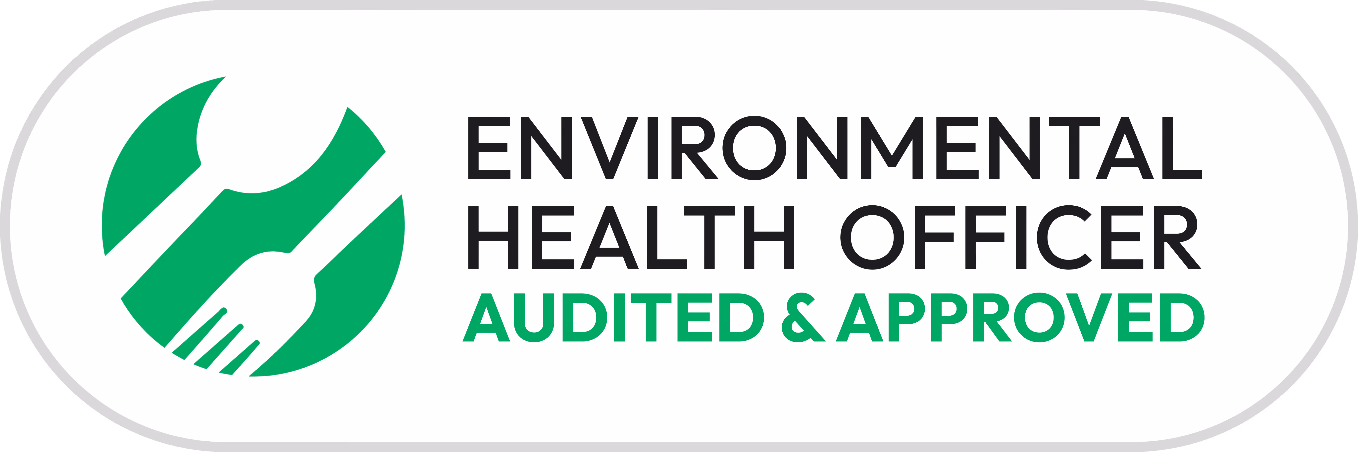 Environmental Health Officer audit badge with green fork and spoon icon and text 'Environmental Health Officer Audited & Approved'.