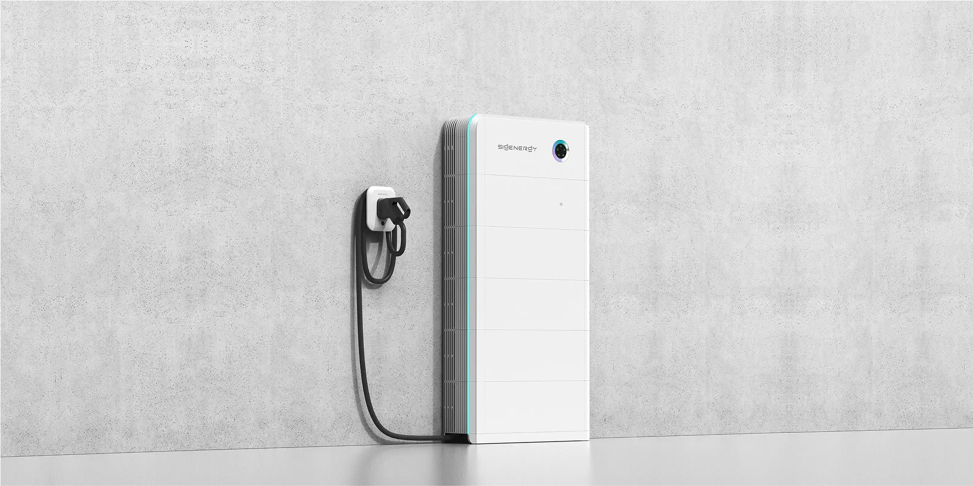 Tall white modern energy storage unit connected to a wall socket with a black cable.