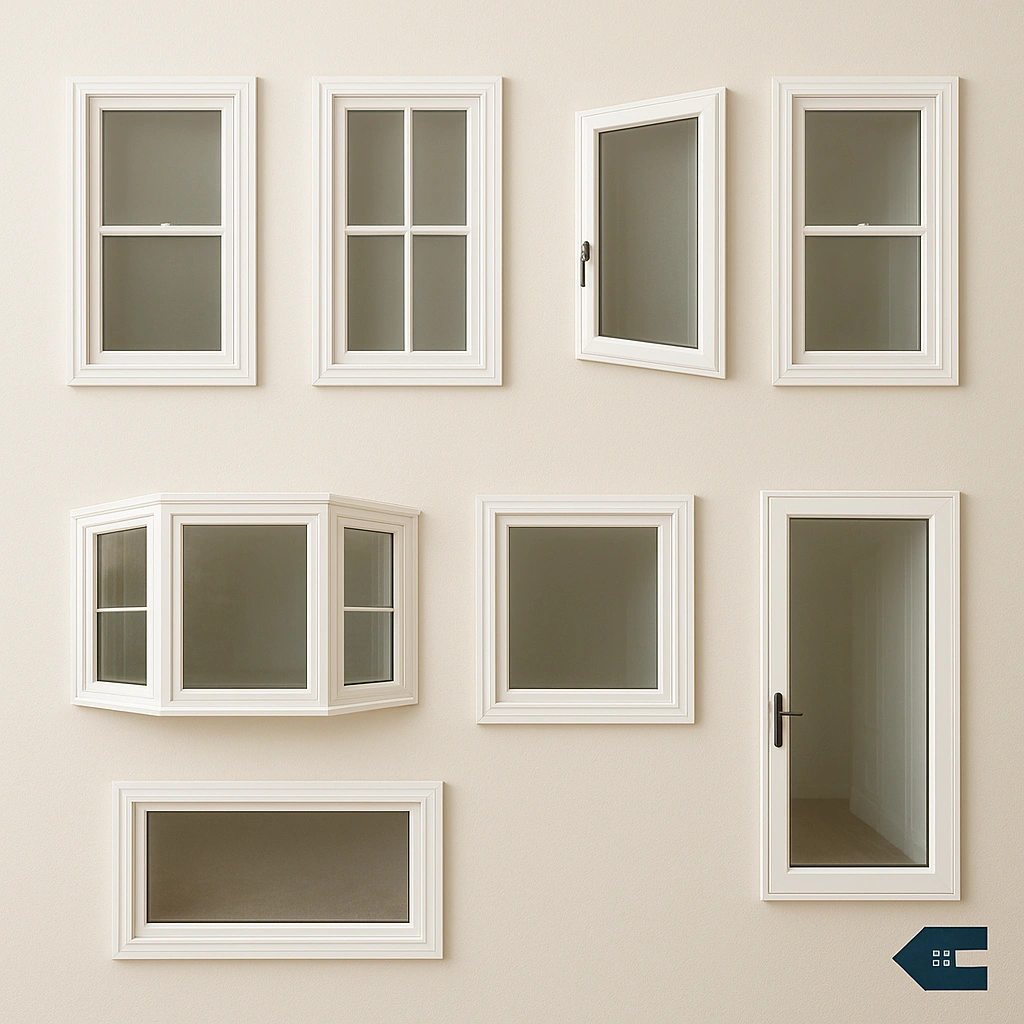 Window style options including double-hung, casement, sliding, and bay windows