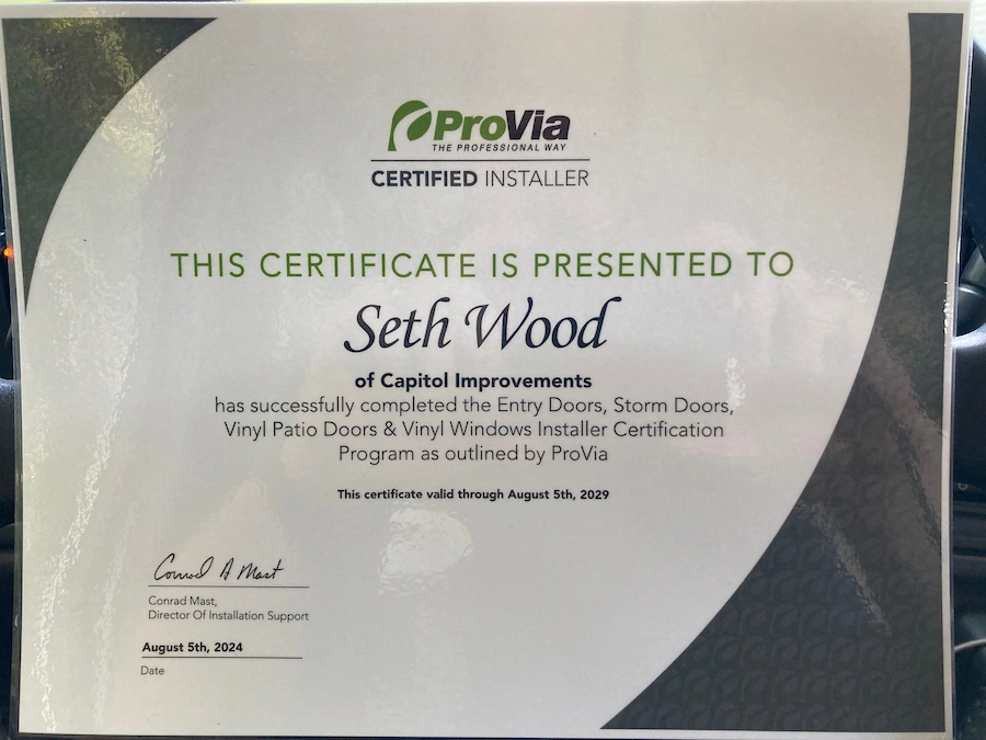Picture of Capitol Roofing Siding Windows & Doors of Wilmington Provia Certified Plaque