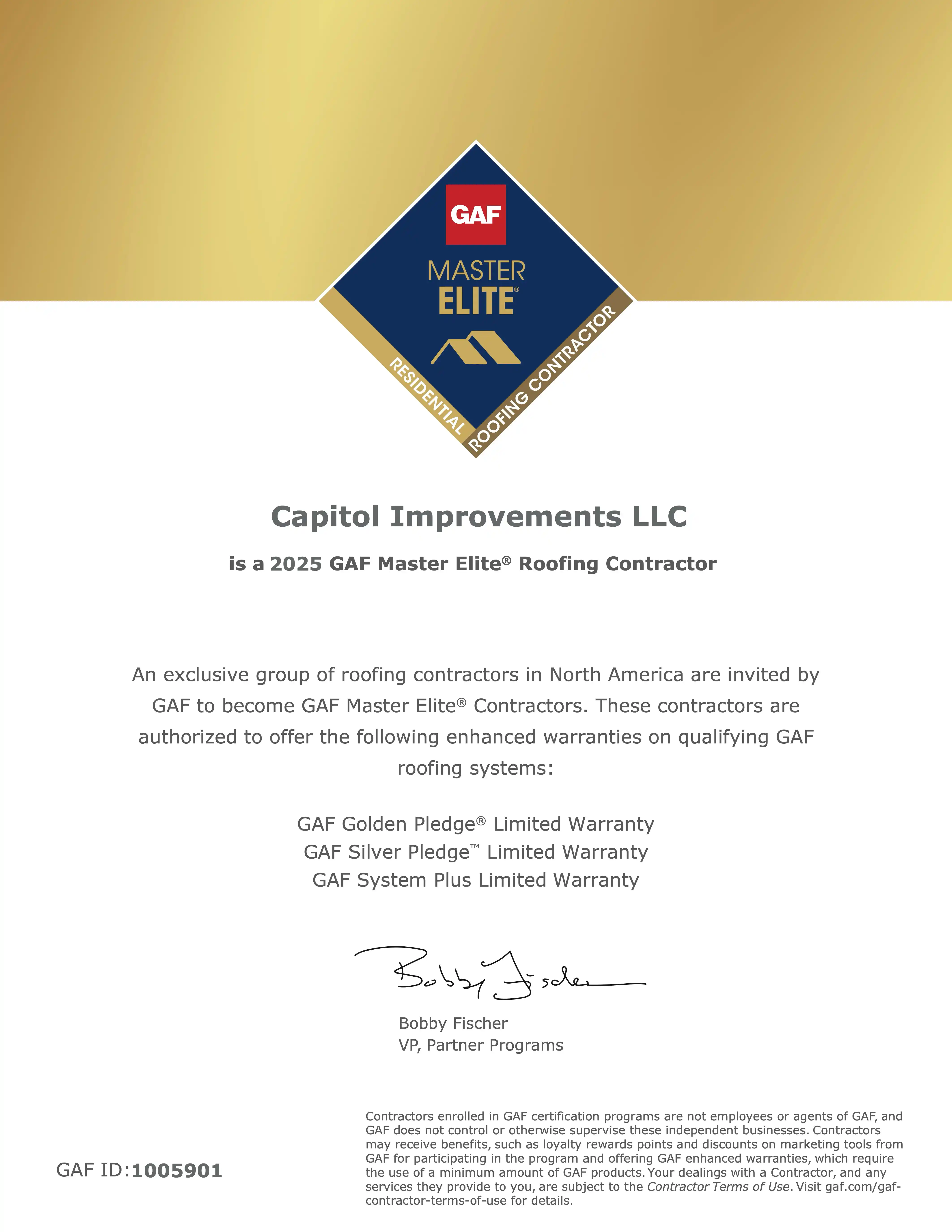 A Physical Copy of the Capitol Roofing Siding Windows & Doors of Wilmington GAF Master Elite Certification