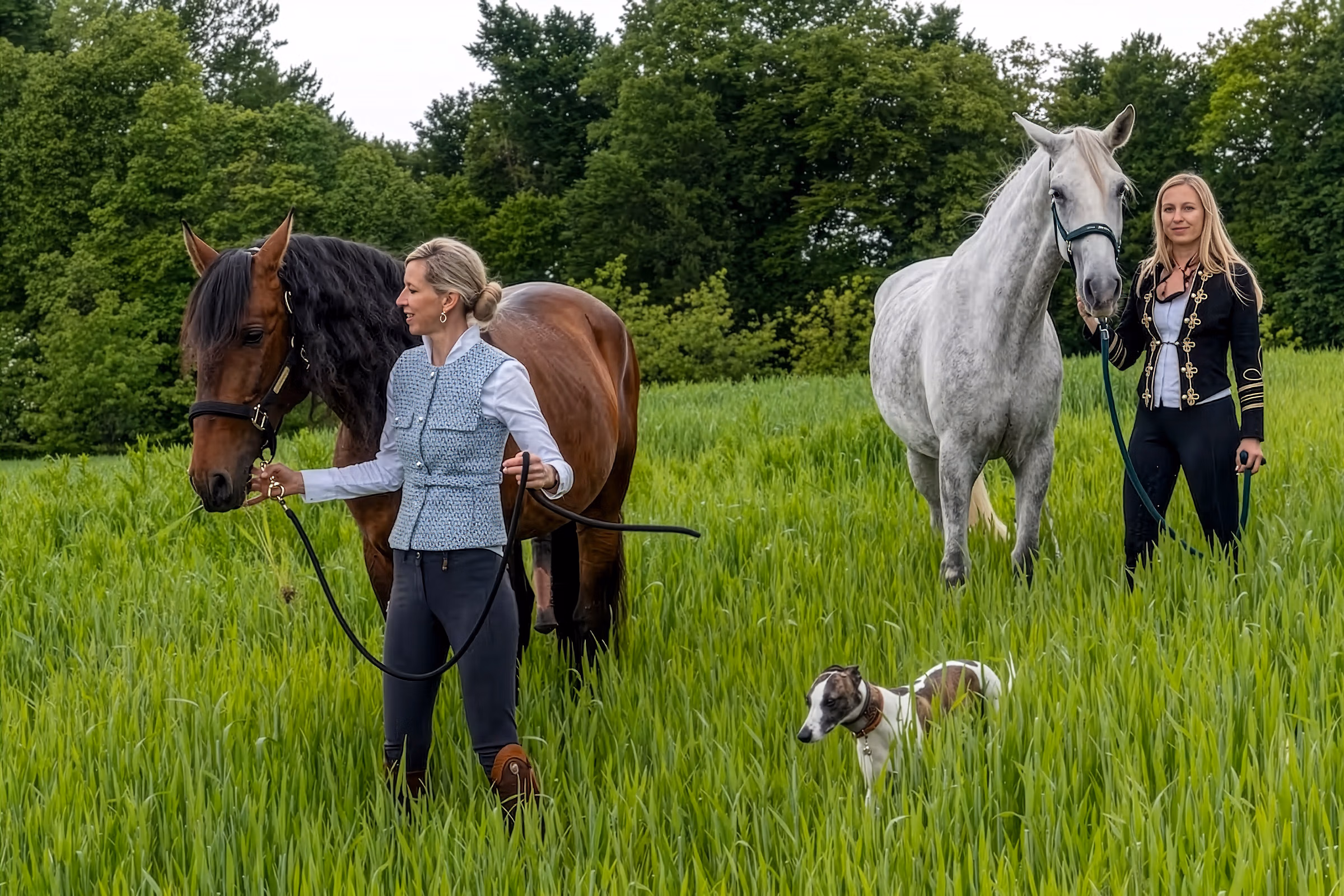 Two women in traditional Slovenian horse riding outfits standing in high grass holding their horses, accompanied by a dog