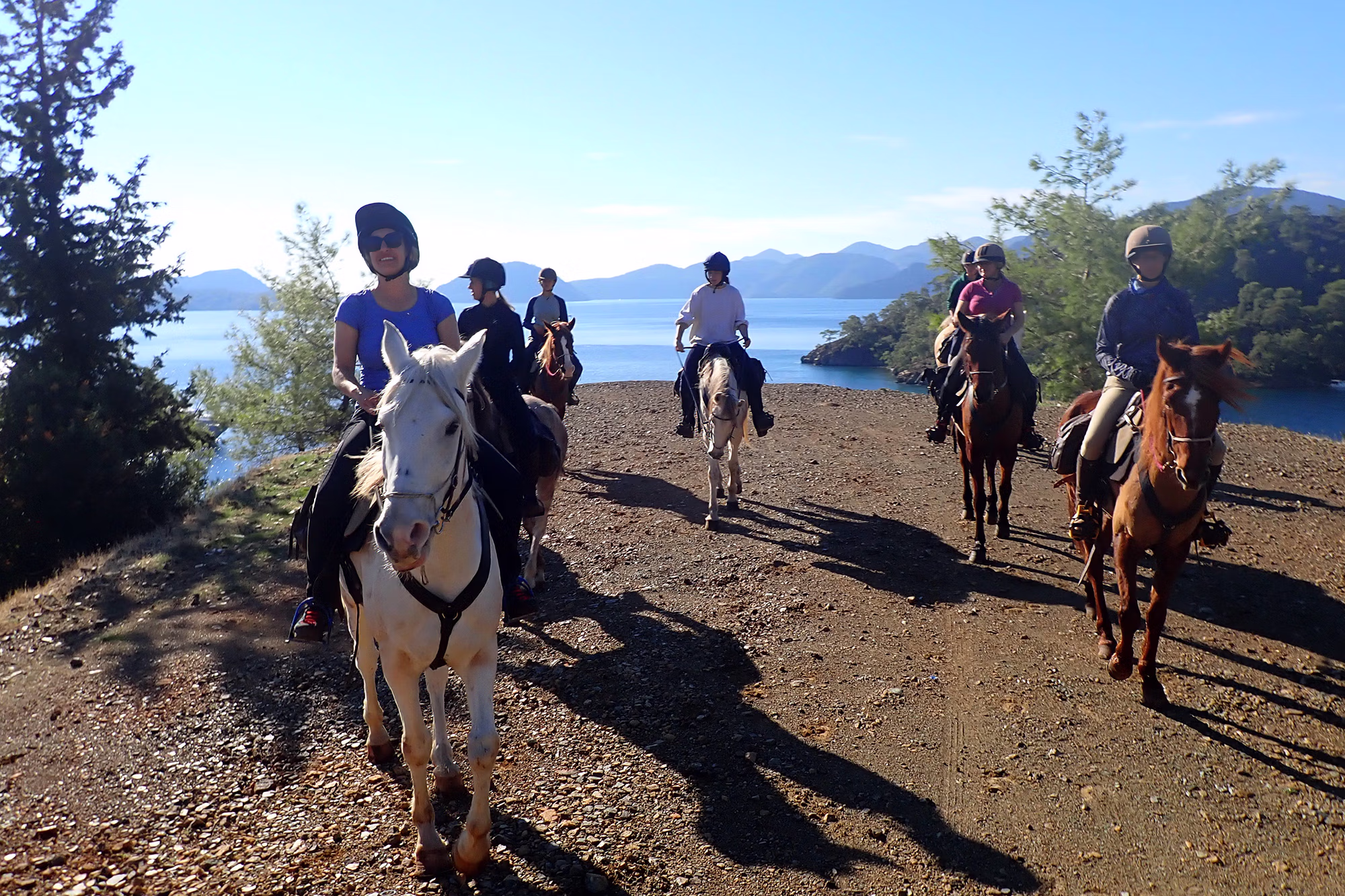 A group of horse riders enjoying a scenic hillside trek with mountains and water in the background
