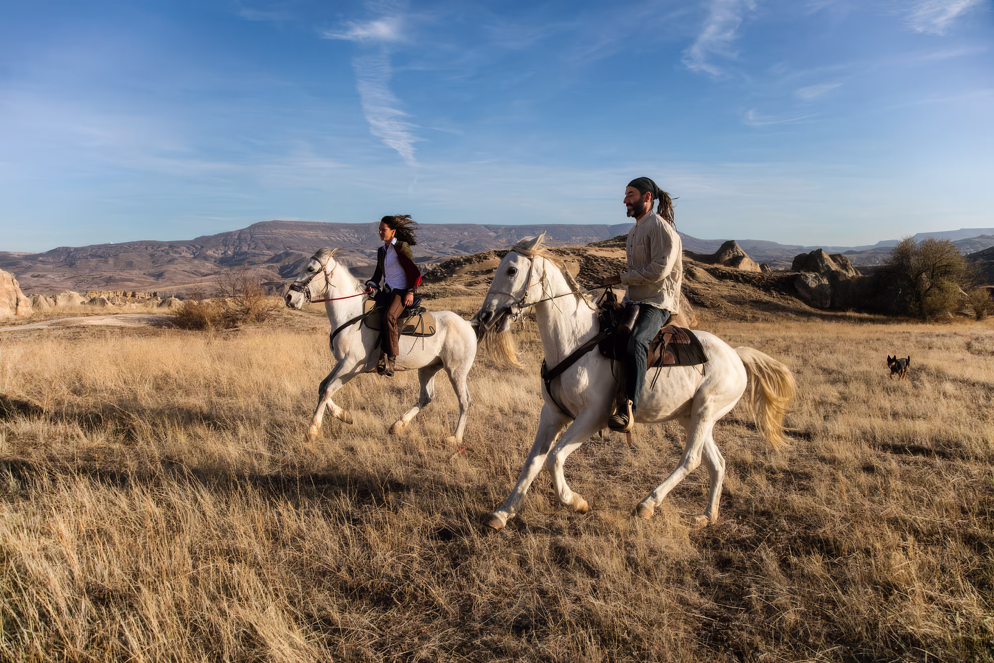 A side view of two horse riders galloping across a dry grass landscape