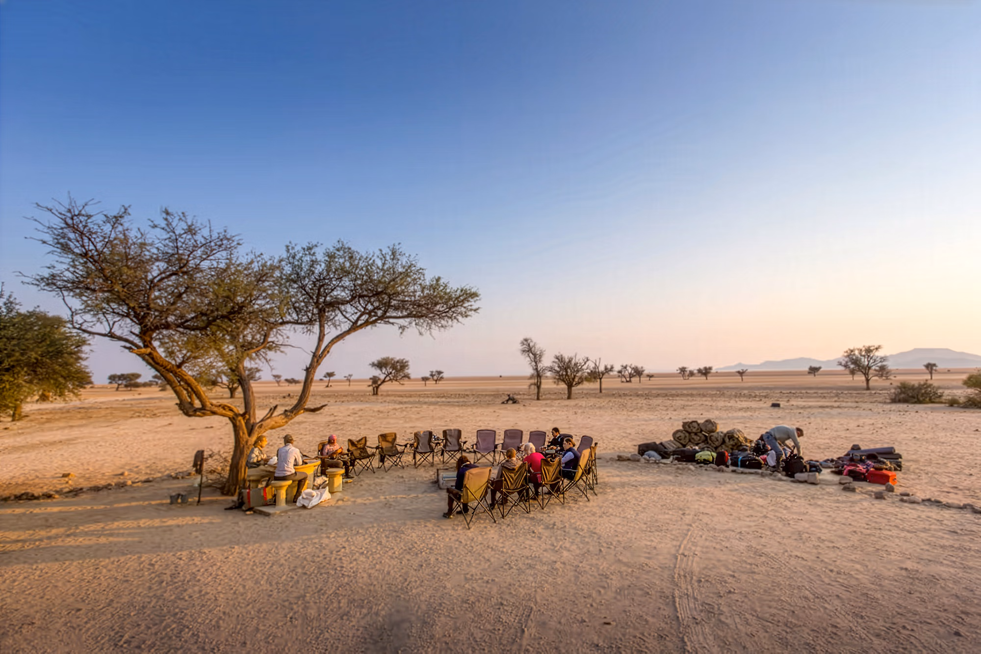 Camp chairs arranged in a neat circle beneath the branches of a solitary desert tree
