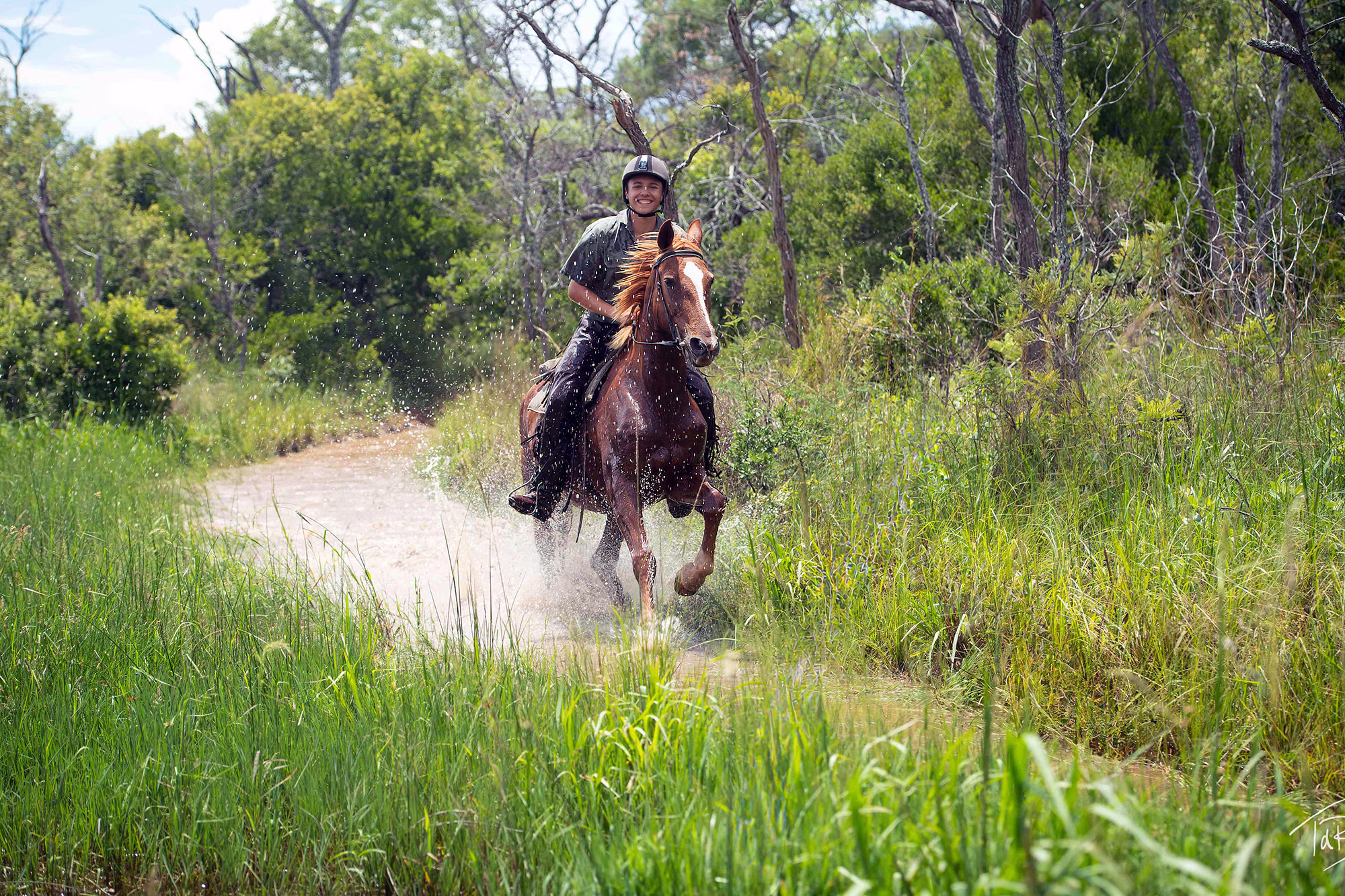 Female rider joyfully cantering in a river on a south africa lodge stay