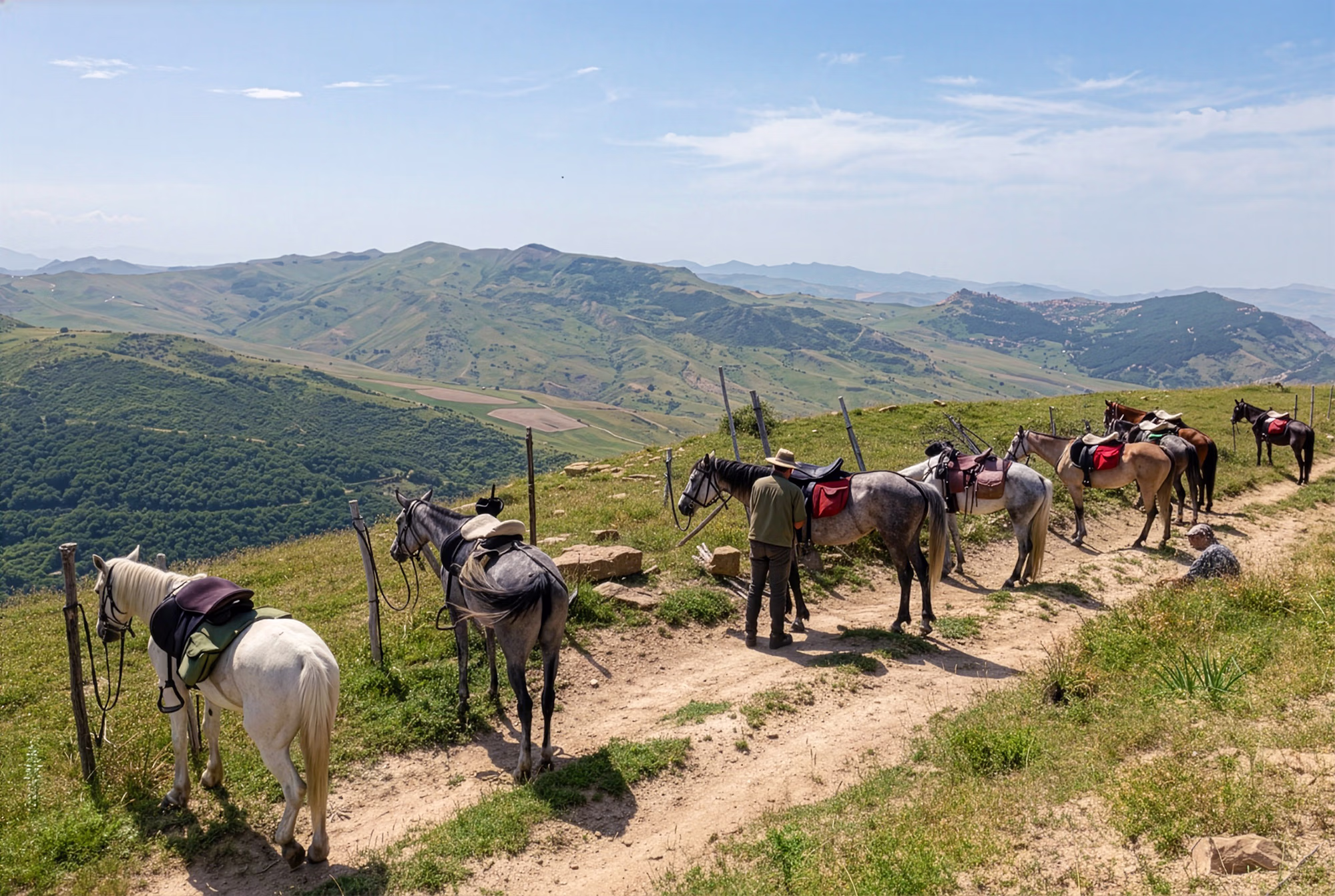 A line of tacked-up trail horses tied outside, looking out over a scenic mountain vista