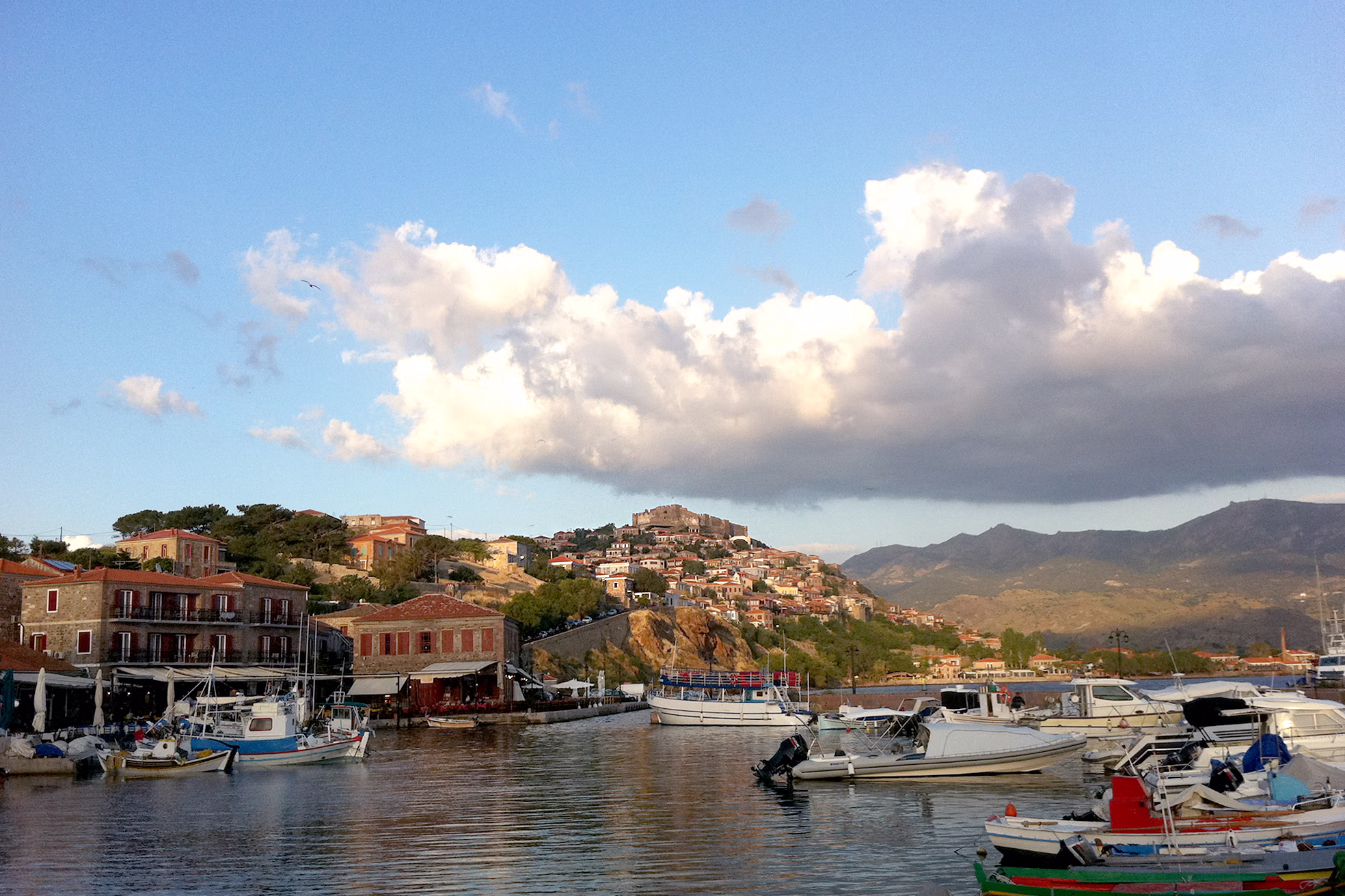 A scenic island harbor town showcasing small boats moored in the calm water