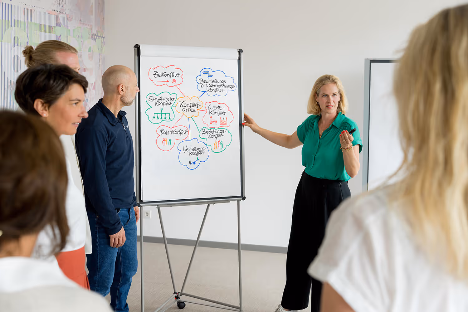 Konfliktklärung im Team – Gruppe arbeitet am Tisch mit Werte-Karten (Respect, Trust, Clarity) aus der Vogelperspektive