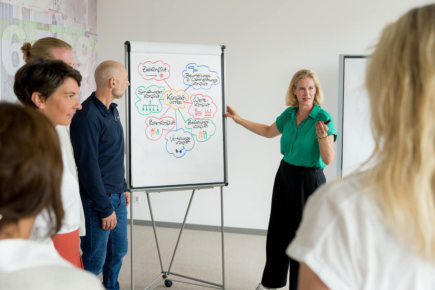 Beratung: Systemische Organisationsentwicklung & Teamcoaching Konfliktklärung im Team – Gruppe arbeitet am Tisch mit Werte-Karten (Respect, Trust, Clarity) aus der Vogelperspektive