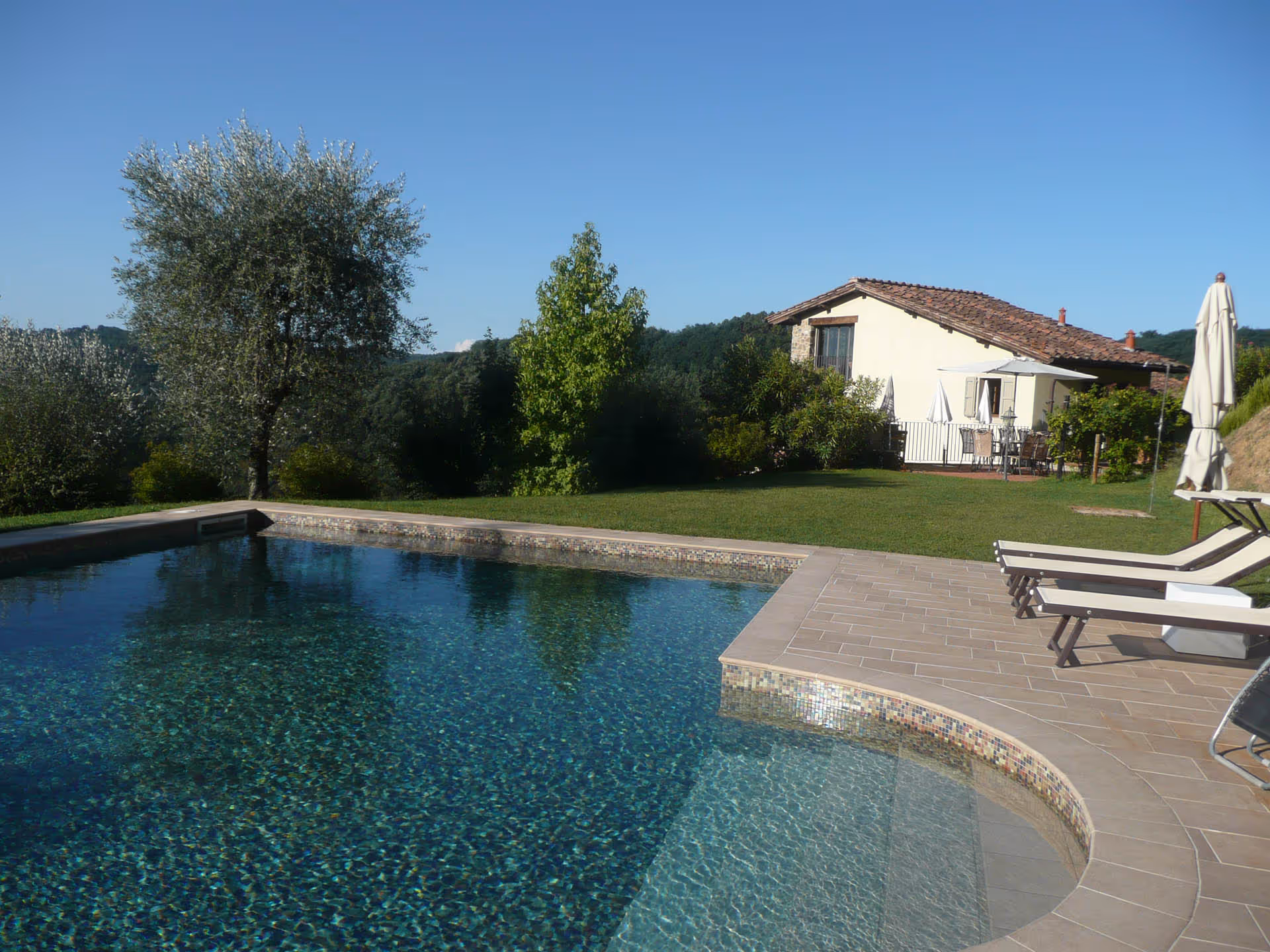 Private saltwater pool beside the La Pianella Farmhouse surrounded by olive trees