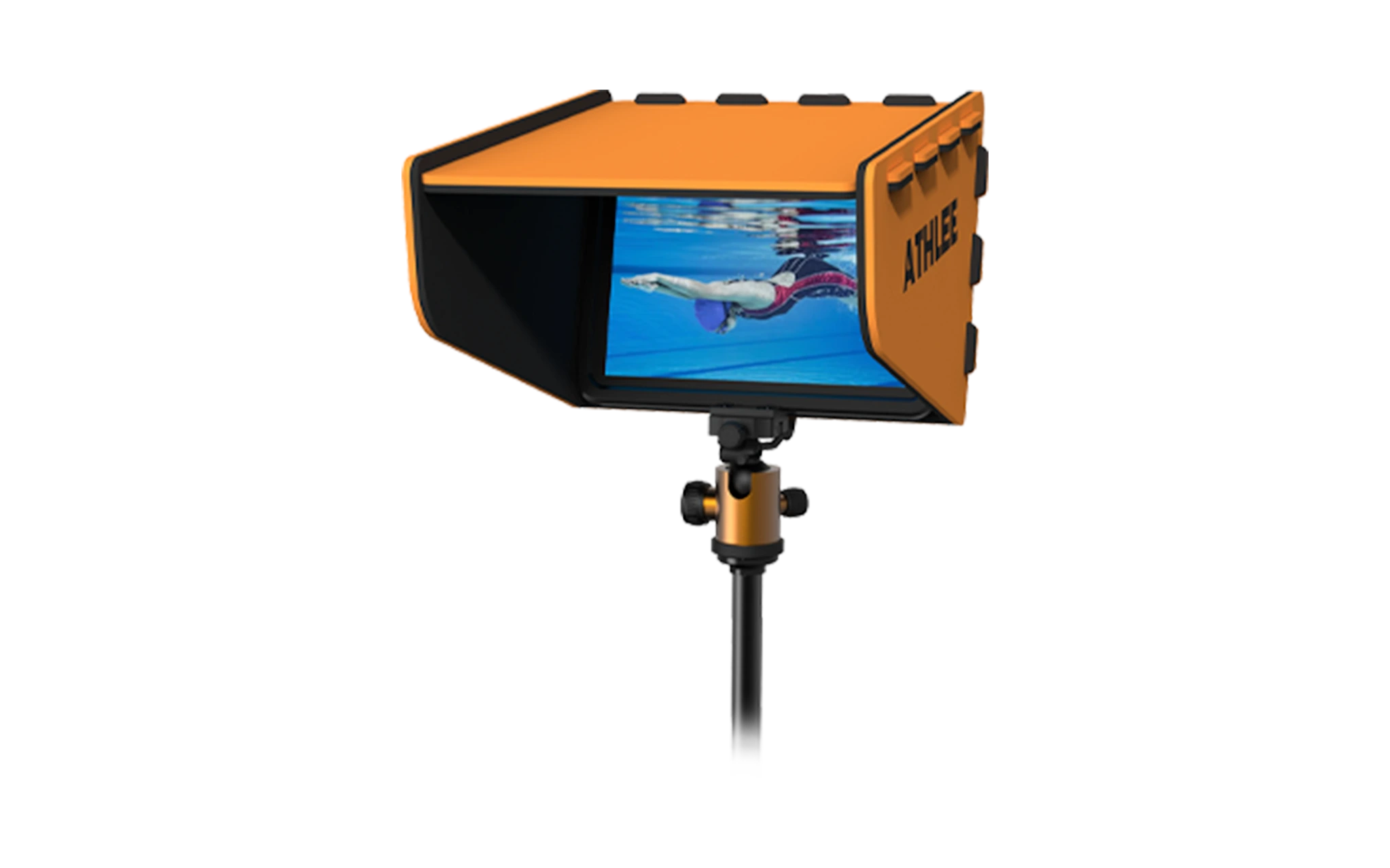 Athlee Tripod Shade attached to tripod at outdoor pool blocking sun glare on iPad screen